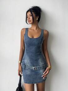 Aloruh Women's Y2K Sexy Square Neck Fashion Waist Belt Denim Mini Dress, Night Out