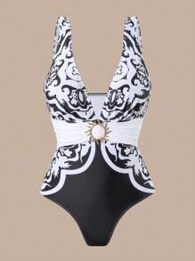 Swim Oasis 2025 新款三件套女士定位印花连体泳衣，含裙摆、网眼裤、海滩度假休闲套装，夏季 - 黑與白 - 查看 3