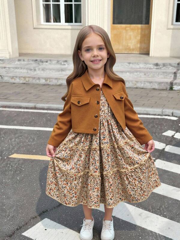 SHEIN 2 Pieces Set: Young Girl Solid Short Jacket & Ditsy Floral Camisole Dress Holiday Outfits