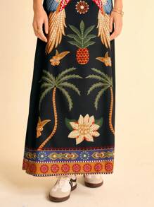 CAJUNI Women's Boho Style Black Background Parrot, Pineapple, Coconut Tree And Tropical Floral Print V-Neck Long Sleeve Hollow Drop & Criss-Cross Back Vacation Maxi Dress