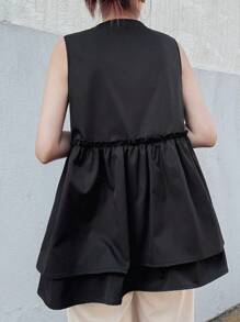 FRIFUL 女式 V 领无袖拉链拼接荷叶边下摆休闲宽松百搭背心，秋季