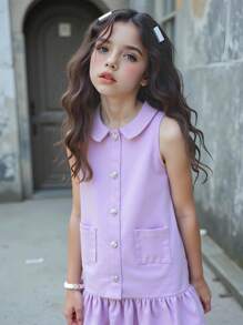 Girls Denim Frill Trim Casual Denim Dress - Mauve Purple - View 1
