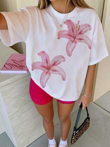 Teenagers Girls' Casual Fashionable Minimalist Lily Flower Print Short Sleeve T-Shirt