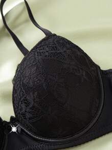 1pc Sexy Lace Minimalist Gathered & Uplift Small Bust Bra Without Underwire - Black - View 3