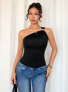 Rafferiza 女式黑色性感金属褶皱无袖紧身衣 - 黑色 - 查看 3