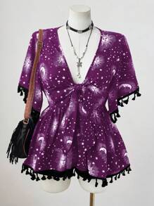 Sunspun Plus Size Women Sun V-Neck Tie Tassel Vacation Casual Shirt Boho - Purple - View 1