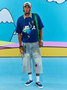 ROMWE MEN Adventure Time X ROMWE 男士休闲可爱卡通图案宽松落肩T恤，夏季 - 藍色 - 查看 3