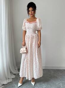 Modelyn French Style Square Neck Puff Sleeve Slimming Chic Women Dress, Summer - Apricot - View 5