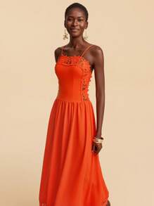 Travachic Chic Spaghetti Strap Plain Orange Dress With Flared Hem And Stylish Finish