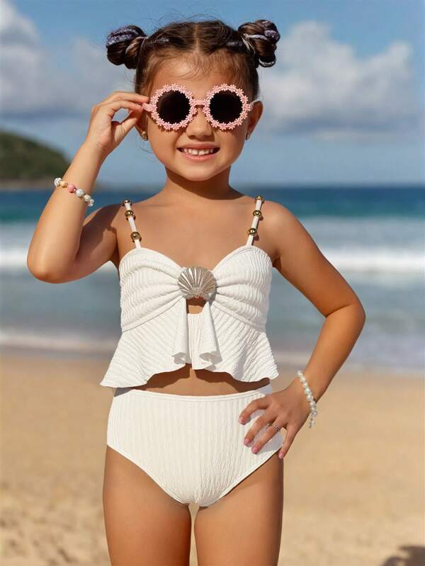 2 pièces/Set Mignon Jeune Fille Monokini Couleur Unie, Costume de Bain de Plage d'Été