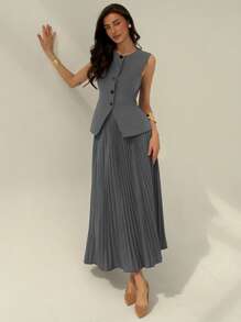 Aloruh Women's Solid Color Single-Breasted Sleeveless Jacket And Pleated Elegant Suit Set In Fall/Winter - Dark Grey - View 6