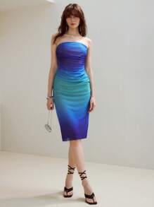 MOTF STUDIO OMBRE PRINT RUCHED SLIM FIT TUBE MIDI DRESS