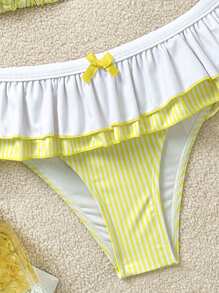 Soleia Women's Blue & White Striped Print Patchwork Tie-Up Double Layer Ruffle Bow Decor Bikini Swimsuit Set, For Vacation, Cute, Kawaii - Yellow - View 4