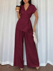 Elenzga Women's Summer Vacation Date Elegant Wrap Batwing Short Sleeve Blouse & Wide Leg Palazzo Pants 2 Pieces Set, Woven Apricot Two Pieces Set Women Elegant Pant Suit Summer Sets Elegant Two Pieces Set Women Two Pieces Pant Set Two Pieces Wide Leg Pants Set - Red Violet - View 5