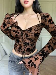 DAZY 女士春夏荷叶边抽绳系带吊带背心度假修身植绒全图案碎花短款上衣 T 恤网眼长袖，秋季女装 - 棕色 - 查看 8