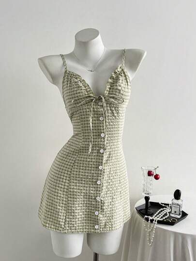 Elamini 格子系带前扣迷你连衣裙