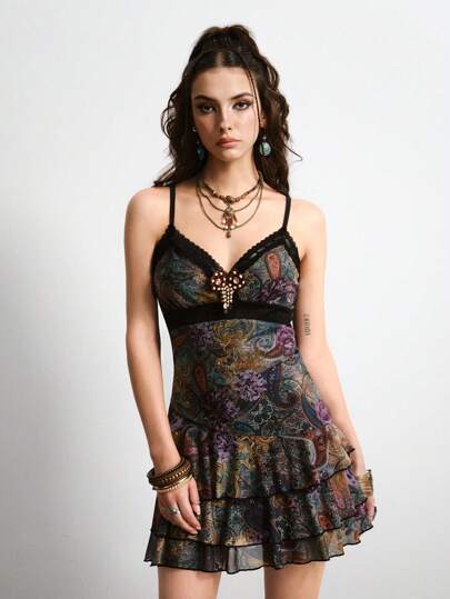 Hippie Vintage Hippie Vacation Paisley Print Tassel Detail Ruffle Hem Mini Dress For Women