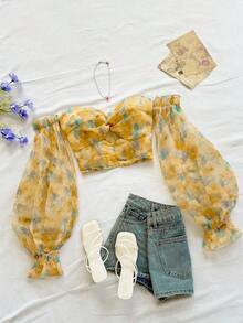 SHEIN WYWH 女士浪漫休闲度假衬衫，适合复活节、毕业典礼、婚礼、返校、派对、午餐会、下午茶等场合。采用欧根纱材质，水彩花卉印花，不对称肩部设计，扭结细节，长袖。适合派对、约会、情人节等场合穿着。黄色Cottagecore复古90年代春季风格。 - 彩色 - 查看 1