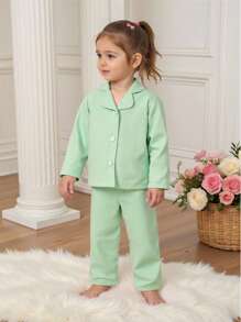 2 pièces Ensemble décontracté à la maison pour bébé fille, mignon, cardigan col à revers avec imprimé jacquard cœur et étoile et pantalon - Vert - Voir 3