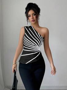 Elenzga 女款夏季新款不对称肩部条纹花卉印花针织上衣 - 黑色 - 查看 5