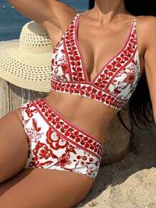 SHEIN Swim Women Floral Print Deep V-Neck Bikini Set