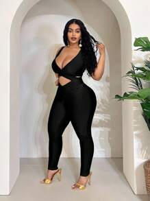 Maweii Combinaison moulante sexy ajourée de couleur unie pour femmes grandes tailles pour l'été - Noir - Voir 3