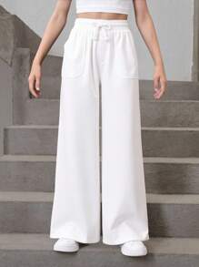 SHEIN Girlism Pantalones sueltos y retro de pierna recta y cintura alta con decoración de bolsillo y color sólido para niña preadolescente