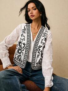 Poéselle Women's Black & White Folk Embroidered Top, Boho Cotton Waistcoat, White Floral Summer Cardigan, Cottagecore Tea Party Layering Vacation Clothes - White - View 2