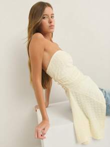 Nöista Asymmetrical Hem Draped Silhouette Textured Waffle Fabric Strapless Neckline Top; Lightweight Breathable Design Perfect For Beach For Women, For Women, And Casual Pride Celebration Looks; Versatile Summer Essential.