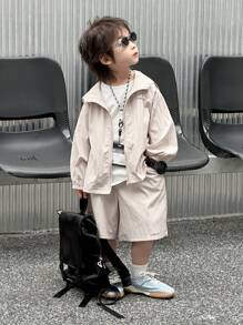 Dazy Kids Young Boy Letter Print Hoodie + Pocket Design Shorts Outfit, Summer - Beige - View 4