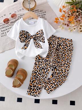 Toddler Girls Cute Bow Tie Print White Crew Neck Short Sleeve Top Paired With Comfortable Leopard Casual Pants, T-Shirt Set, Spring/Summer Baby Girl Leopard Outfit Leopard Print Baby Clothes Baby Girl Cheetah Outfit Newborn Baby Girl Outfit Baby Girl Animal Print Outfit