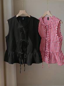 Comfortcana 2 件套：女士夏季度假格子衬衫和黑色衬衫 - 紅色和黑色 - 查看 5