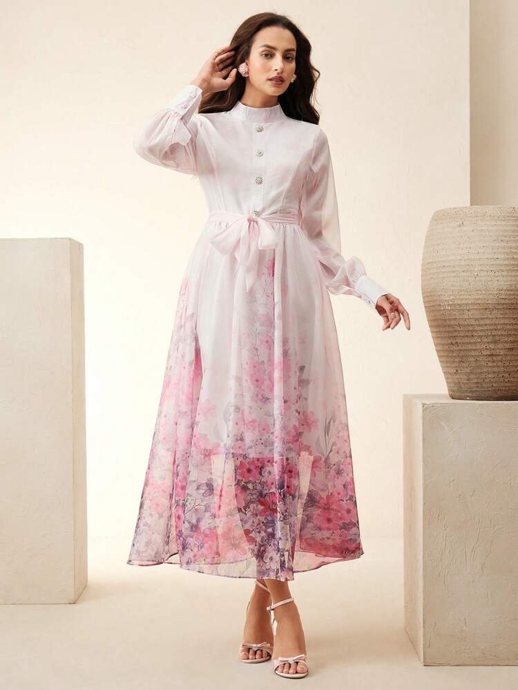 Anewsta Elaire Elegant Fashion High-End Quality Floral Print Stand Collar Dress For Women,Summer