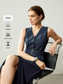 Uhlyne Uhlyne Rochie lungă din in, elegantă, fără mâneci, pentru femei (cu curea) - Albastru marin - Vizualizare 3