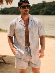 Manfinity Men's Tropical Plant Printed Shirt And Shorts Beach Set Men Beach Wear Sets Men Vacation Outfit Men Resort Wear