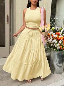 SHEIN EZwear 1 套黄色无袖背心和腰系带长裙，大码女式夏季服装 - 黃色 - 查看 3