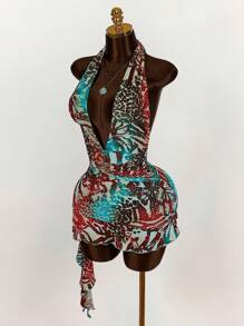 Amplova Vestido corto de mujer con estampado, cuello halter y espalda descubierta