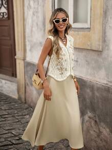 Brillora Floral Pattern Open Front Sweater Vest In Fall/Winter - Beige - View 6