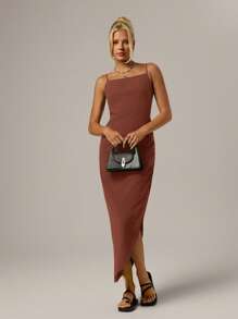 SHEIN Forever 21 Casual Black Open Back Spaghetti Strap High Slit Dress For Beach, Date, Holiday, Spring - Brown - View 3
