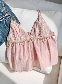 Comfortcana 女士度假花卉刺绣贝壳边吊带背心衬衫