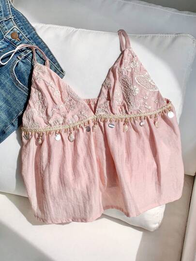 Comfortcana Women's Pink Vacation Vintage Floral Embroidery Shell Trim Camisole Shirt, Country Cute Summer Bikini Tops