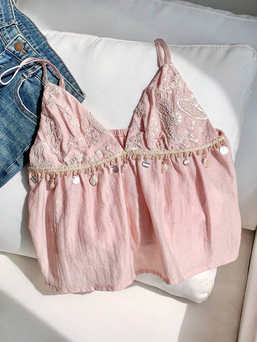 Comfortcana 女士度假花卉刺绣贝壳边吊带背心衬衫