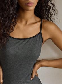 Ocili Leisure 1pc Women Ribbed Cotton Splice Round Hem Soft Pajamas Jumpsuit, Loungewear - Dark Grey - View 4