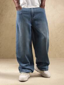 SUMWON 基本款宽腿宽松牛仔裤宽松剪裁都市街头潮流牛仔裤日常休闲时尚 - 藍色 - 查看 1
