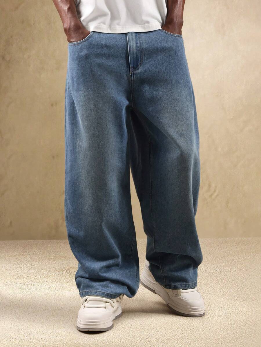 SUMWON 基本款宽腿宽松牛仔裤宽松剪裁都市街头潮流牛仔裤日常休闲时尚 - 藍色 - 查看 1