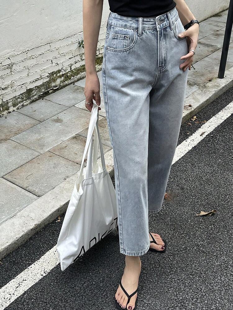 Women Regular Waist Slim Straight Leg 7/8 Length Jeans, Casual Urban Streetwear Denim Pants