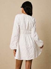 Poéselle White Jacquard Fabric Deep-V Tie-Front Mini Dress | Long-Sleeve Boho Babydoll,White Mini Dress,All White Party Outfit Women ,Fall Women Clothes ,Wedding Guest Dress Women, Deep V Neck Dress, Long Sleeve Dress, Boho White Autumn Dress, Bridal Shower Outfit,Women Elegant Solid Color Jacquard Lantern Sleeve Dress - White - View 5