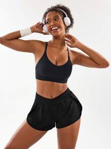 SHEIN Sports 女士纯色不对称腰运动休闲短裤健身短裤 - 黑色 - 查看 5