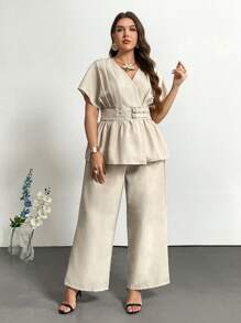 Firerie Plus Size Spring/Summer Comfortable Casual Elegant Daily Office Versatile Bamboo Knit V-Neck Top And Straight Leg Wide Pants 2 Pieces Set For Women