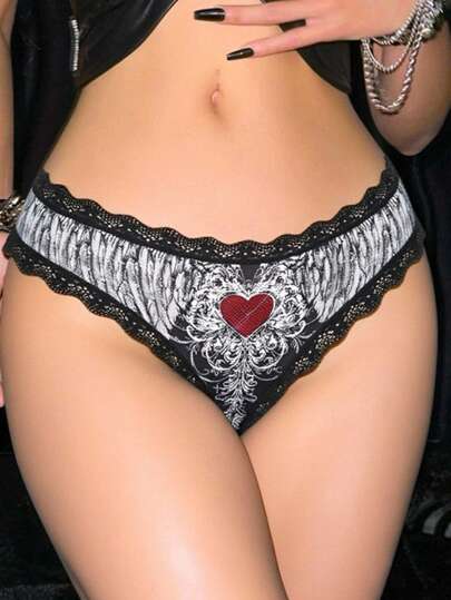 1pc Goth Style Heart & Wing Pattern Rhinestone Decorated Lace Panty